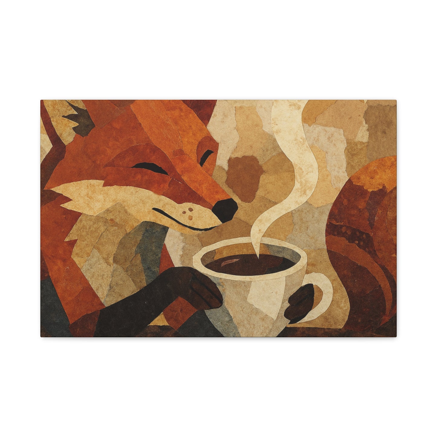 Fox And Coffee Collage Stretched Canvas Wall Art